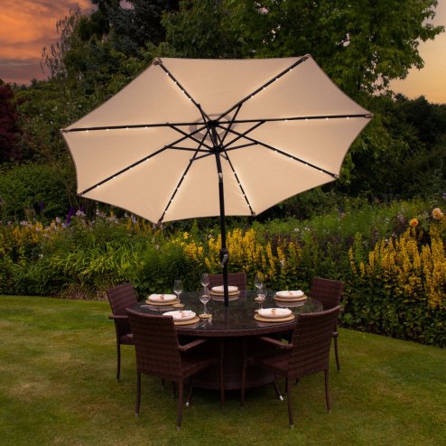 Beige 2.4m LED Tilt Parasol Umbrella Garden Sun Shade Canopy Patio Outdoor 360 Rotation UV Protection Winding Crank Adjustable 32 Solar Power Lights Cool White 8 Ribs 5.5kg FREE Waterproof Rain Cover