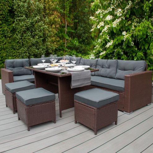 Rattan Corner Dining Set & Garden Storage Box Brown 9-Seater L Sofa Stools Glass Table Large Cushion Furniture Chest 582L Outdoor Patio Steel Frame UV Resistant FREE Waterproof Carry Bag & Rain Cover