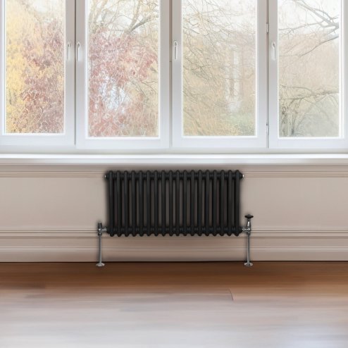 Traditional 2 Column Radiator 300mm x 832mm Modern Central Heating Heater Matt Black Carbon Steel Horizontal Wall Mounted Kitchen Living Room Bathroom FREE Cleaning Brush Fixing Kit & Brackets