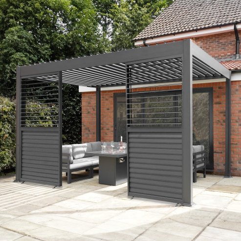 Anthracite Aluminium Pergola With LED Lights & 2 x Shutter Panels - 3m x 4m