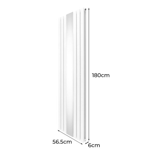Flat Panel Radiator With Mirror 1800mm x 565mm Modern Designer Double Column Vertical Heater Matt White Carbon Steel Wall Mounted Kitchen Living Room Cleaning Brush Fixing Kit & Brackets