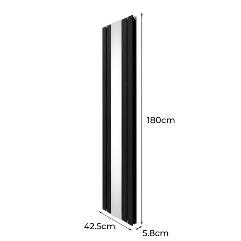 Flat Panel Radiator With Mirror 1800mm x 425mm & TRV Chrome Valves Designer Double Column Vertical Black Carbon Steel Wall Mounted Kitchen Living Room Cleaning Brush Fixing Kit & Brackets