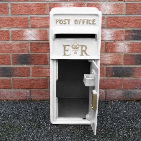 Royal Mail Post Box with Floor Stand ER Cast Iron Wall Mounted Wedding Authentic Pillar Replica Lockable Post Office Letter Box White