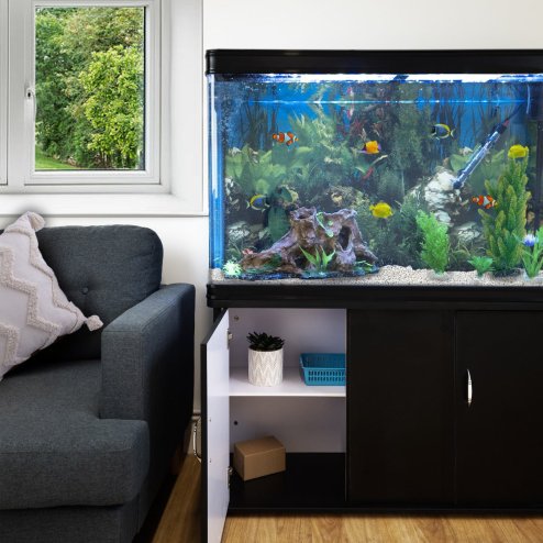 MonsterShop Fish Tank Aquarium & Starter Accessories, Black Cabinet, White Gravel, 4ft, 300L