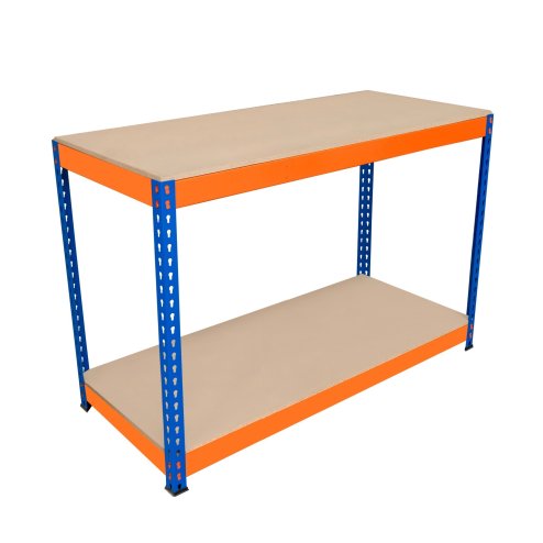 Garage Workbench S-Rax 2 Shelf 120cm x 60cm x 90cm Workstation Heavy Duty Steel Chipboard 300kg Capacity Per Shelf Adjustable Layout Boltless Assembly Rubber Feet Reinforced Support Bar Warehouse
