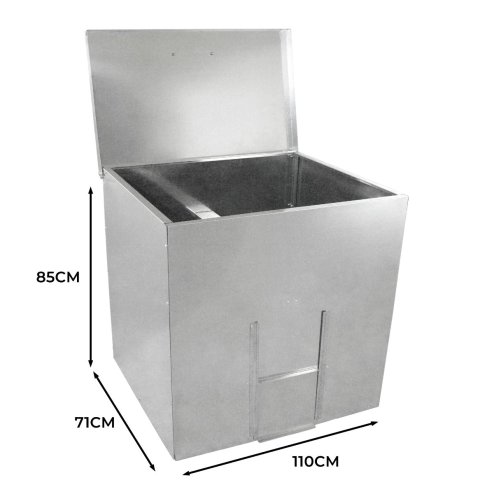 Coal Storage Bunker 500kg 772L Galvanised Steel Raised Metal Base Strengthening Bar Baffle Plate Waterproof Rust & Rodent Proof Wood Fire Sliding Door Hinged Lid Handle FREE Coal Shovel