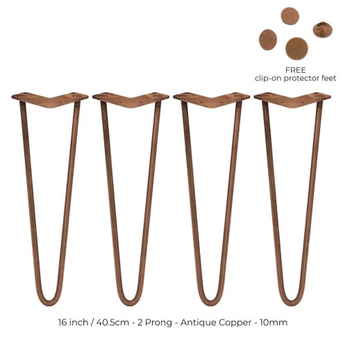 4Pcs Hairpin Table Legs DIY Furniture Industrial Style Desk Heavy-duty Sturdy Weld Steel Metal With FREE Protector Feet And Screw Pack Antique Copper 2 Prong Rods 16 Inch Height 10mm Thickness