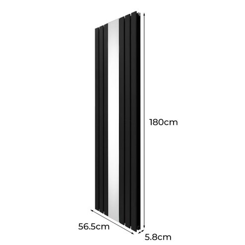 Flat Panel Radiator With Mirror 1800mm x 565mm Modern Designer Double Column Vertical Heater Matt Black Carbon Steel Wall Mounted Kitchen Living Room Cleaning Brush Fixing Kit & Brackets