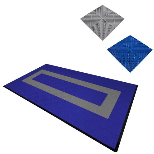 Vented Modular Interlocking Flooring Tiles & Edges 90 Blue & 30 Grey Single Garage Heavy Duty Floor Mat Showroom Workshop Outdoor Polypropylene Anti Slip Weather Resistant Drainage 3.2m x 6m 19.2m2