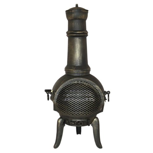 Chiminea Outdoor Patio Heater Garden Log Fire Pit Burner Wood Cast Iron Chimney Chimenea BBQ Frost Proof Spark Guard Rain Cover Poker Barbeque Toasting Rack | Bronze Effect | 110cm Tall