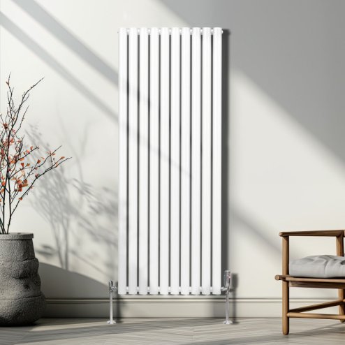 Oval Column Radiator 1600mm x 600mm & TRV Chrome Valves Modern Designer Double Panel Central Heating Heater White Steel Vertical Kitchen Living Room FREE Cleaning Brush Fixing Kit & Brackets