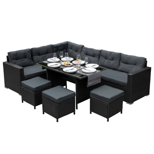 Rattan Corner Dining Set Outdoor Garden Furniture Black 9-Seater L Shape Sofa Stools Tempered Glass Table UV Protected Waterproof Grey Seat Back Cushions Patio Conservatory Lounge FREE Rain Cover