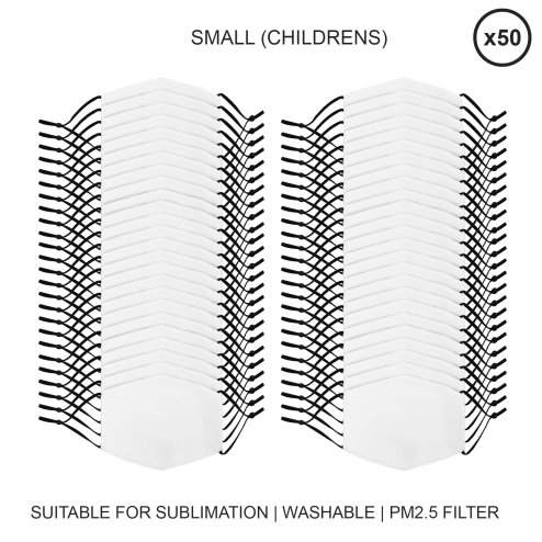 Face Masks Sublimation Blank White / 50 Pack Of Small Childrens Reusable Facemasks / 5 Layer Filter Customise Heat Dye Press Transfer Print Personalise Printing Custom Designs