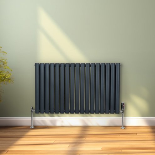 Oval Column Radiator 600mm x 1020mm & TRV Chrome Valves Designer Double Panel Central Heating Heater Anthracite Grey Steel Horizontal Kitchen Living Room FREE Cleaning Brush Fixing Kit & Brackets