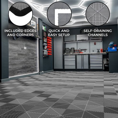 Vented Modular Interlocking Flooring Tiles & Edges 120 x Grey Single Garage Heavy Duty Floor Mat Showroom Workshop Outdoor Polypropylene Anti Slip Weather Resistant Drainage Channels 3.2m x 6m 19.2m2