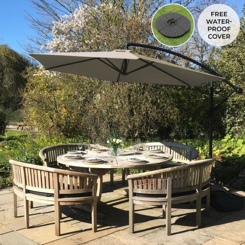 3m Cantilever Garden Parasol Banana Hanging Umbrella Winding Crank Shade Patio Outdoor Sun Shade Tilt UV Protection | Beige Fan Base