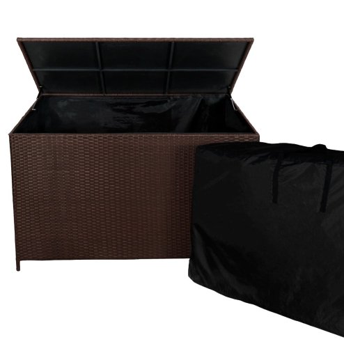 Rattan Corner Dining Set & Garden Storage Box Brown 9-Seater L Sofa Stools Glass Table Large Cushion Furniture Chest 582L Outdoor Patio Steel Frame UV Resistant FREE Waterproof Carry Bag & Rain Cover