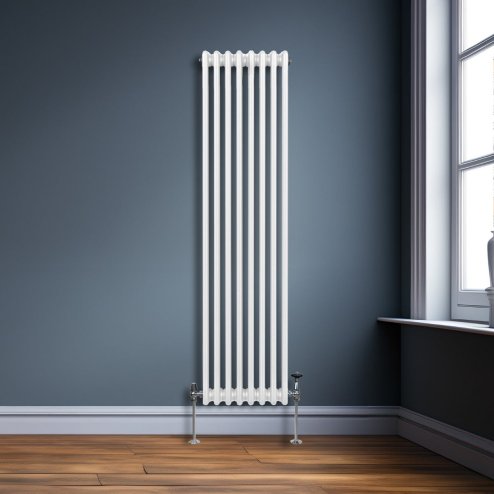 Traditional 3 Column Radiator 1800mm x 382mm Modern Central Heating Heater Gloss White Carbon Steel Vertical Wall Mounted Kitchen Living Room Bathroom Cleaning Brush Fixing Kit & Brackets