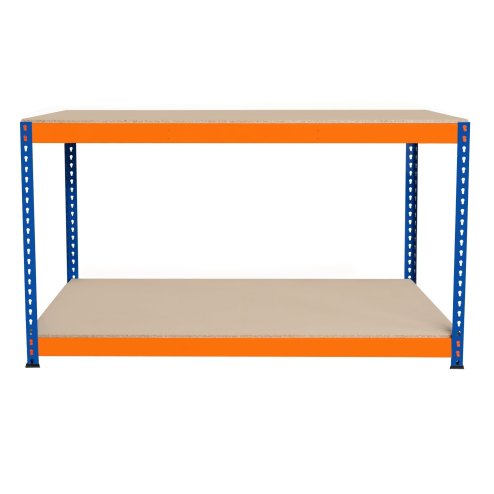Garage Workbench S-Rax 2 Shelf 150cm x 60cm x 90cm Workstation Heavy Duty Steel Chipboard 300kg Capacity Per Shelf Adjustable Layout Boltless Assembly Rubber Feet 2 Reinforced Support Bars Warehouse