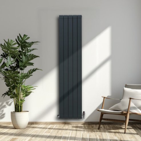 Aluminium Designer Radiator 1800mm x 395mm & TRV Chrome Valves Vertical Double Flat Panel Column Lightweight Modern Heater Matt Anthracite Grey Kitchen Living Room Cleaning Brush Fixing Kit Brackets