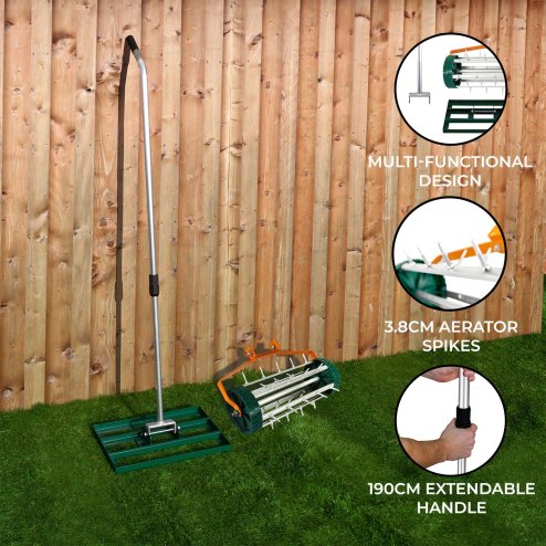 Lawn Leveller & Aerator Manual Grass Roller 3.8cm Spikes 50cm x 32cm Green Levelling Rake Lute Removable Dual Purpose Extendable Handle 1.15 - 1.9m Easy Grip Heavy Duty Steel Aluminium Garden Tool
