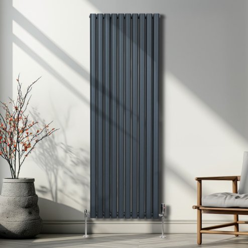 Oval Column Radiator 1800mm x 600mm & TRV Chrome Valves Modern Designer Double Panel Central Heating Heater Anthracite Grey Steel Vertical Kitchen Living Room FREE Cleaning Brush Fixing Kit & Brackets