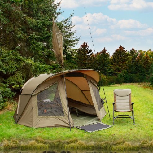 2 Man Fishing Bivvy Tent with Overwrap Carp Fishing Dome Overnight Shelter Angler Camping Waterproof Tackle Brolly System Pram Hood PVC Window FREE Neoprene & PVC Shoe Mat Carry Bag & Mallet Included