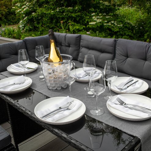 Rattan Corner Dining Set Outdoor Garden Furniture Black 9-Seater L Shape Sofa Stools Tempered Glass Table UV Protected Waterproof Grey Seat Back Cushions Patio Conservatory Lounge FREE Rain Cover