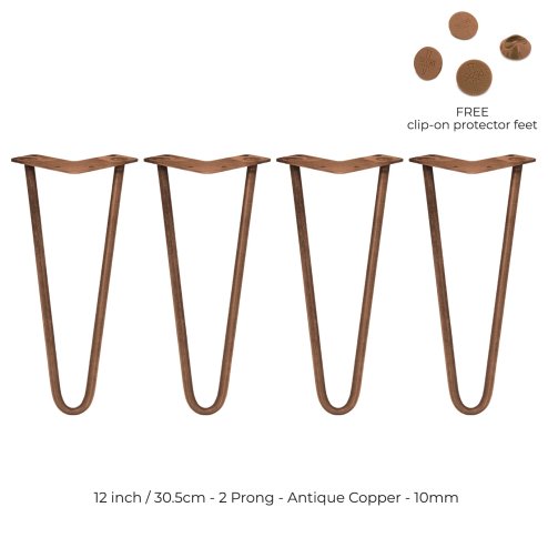 4Pcs Hairpin Table Legs Heavy-duty DIY Furniture Metal Steel Sturdy Industrial With FREE Screw Pack And FREE Protector Feet Antique Copper 2 Prong Rods 12 Inch Height 10mm Thickness