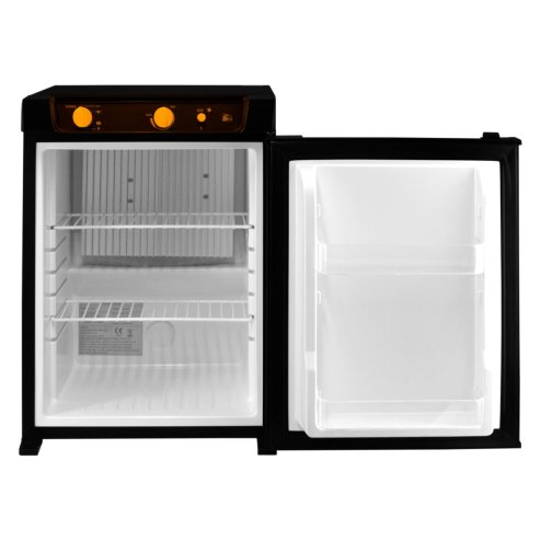 3 Way Absorption Fridge 43L Cooler LPG Gas AC DC 12V 240V Black Camping Caravan Motorhome Leisure Portable Cooler Portable 100% Silent Reversible Left / Right Opening Door Removable Shelves 7 - 14°C