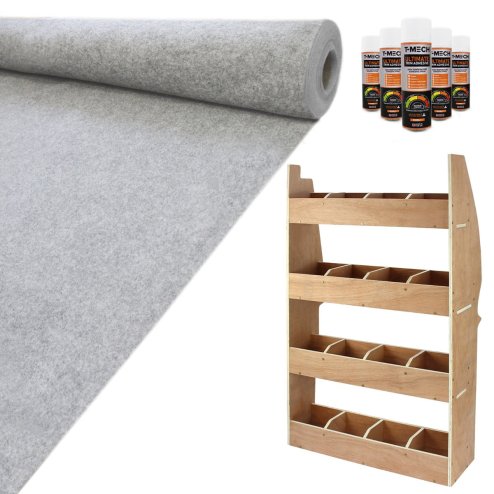 Camper Van Lining Carpet 11m2 Silver Grey 4 Way Super Stretch & Citroen Berlingo Van Racking Plywood Tool Storage Utility Ply Toolbox Transporter Shelves Rack Unit Motorhome 5 x Adhesive Glue Cans Kit