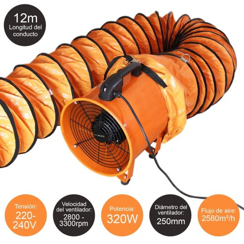 Dust Extractor Ventilation Fan 250mm Portable 12m Duct Hose Workshop Fume Air Blower Industrial PVC Ducting Ventilator
