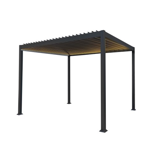Metal Pergola With LED Lights 3m x 3m Adjustable Canopy Roof Powder Coated Aluminium Outdoor Garden Gazebo Sun Rain Shelter Patio Deck Drainage Weather Resistant Tools & Ground Bolts Grey
