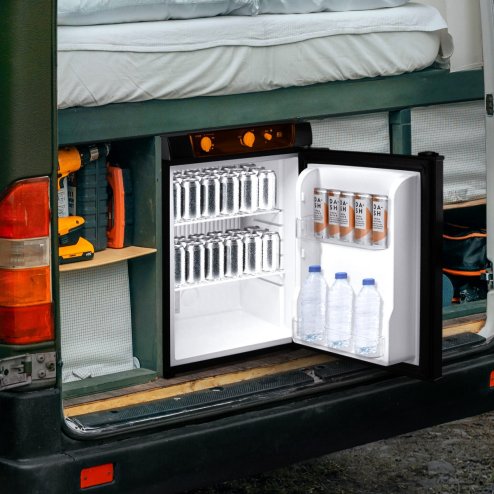 3 Way Absorption Fridge 43L Cooler LPG Gas AC DC 12V 240V Black Camping Caravan Motorhome Leisure Portable Cooler Portable 100% Silent Reversible Left / Right Opening Door Removable Shelves 7 - 14°C