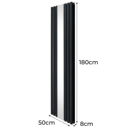 Oval Panel Radiator With Mirror 1800mm x 500mm Modern Designer Double Column Vertical Heater Matt Anthracite Grey Carbon Steel Wall Mounted Kitchen Living Room Cleaning Brush Fixing Kit & Brackets