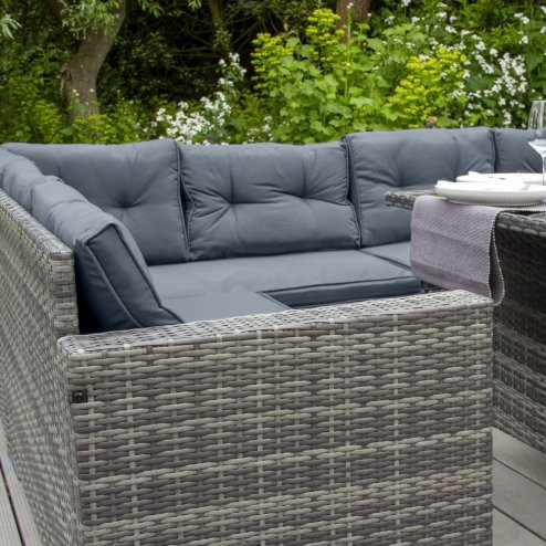 Rattan Corner Dining Set Outdoor Garden Furniture Grey 9-Seater L Shape Sofa Stools Tempered Glass Table UV Protected Waterproof Grey Seat Back Cushions Patio Conservatory Lounge FREE Rain Cover
