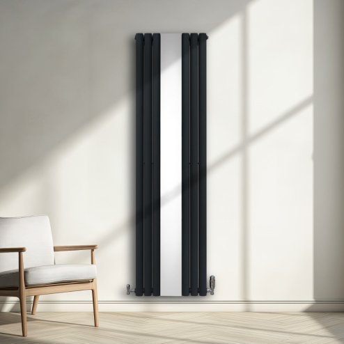 Oval Panel Radiator With Mirror 1800mm x 500mm Modern Designer Double Column Vertical Heater Matt Anthracite Grey Carbon Steel Wall Mounted Kitchen Living Room Cleaning Brush Fixing Kit & Brackets