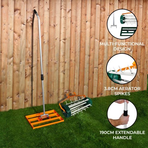 Lawn Leveller & Aerator Manual Grass Roller 3.8cm Spikes 50cm x 32cm Orange Levelling Rake Lute Removable Dual Purpose Extendable Handle 1.15 - 1.9m Easy Grip Heavy Duty Steel Aluminium Garden Tool