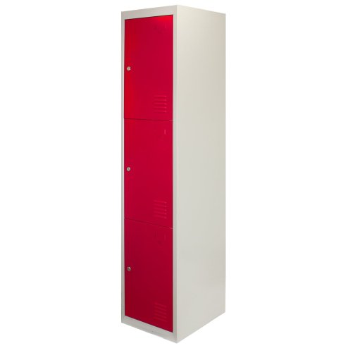 MonsterShop 3 x Red 3 Door Metal Storage Lockers, Blue & Grey Steel Lockable Unit, Gym Changing Room School Staff Locker