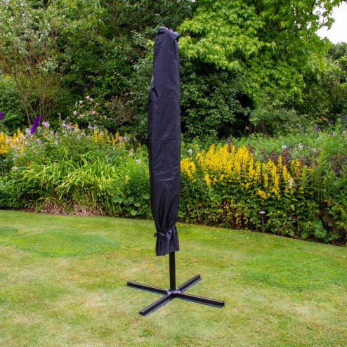 Black LED Cantilever Parasol 3m Banana Hanging Umbrella Garden Sun Shade Canopy Patio Outdoor 360 Rotation Tilt UV Protection Winding Crank 24 Solar Powered Cool White LED Lights Waterproof Rain Cover