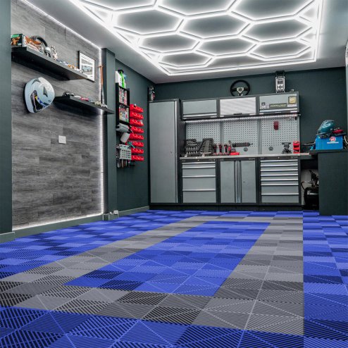 Vented Modular Interlocking Flooring Tiles 90 Blue & 30 Grey With Edges & Hexagon LED Lighting 14 White Lights & Border 6500K 3 Mount Options & Suspended Ceiling Kit Single Garage Floor Mat 3.2m x 6m