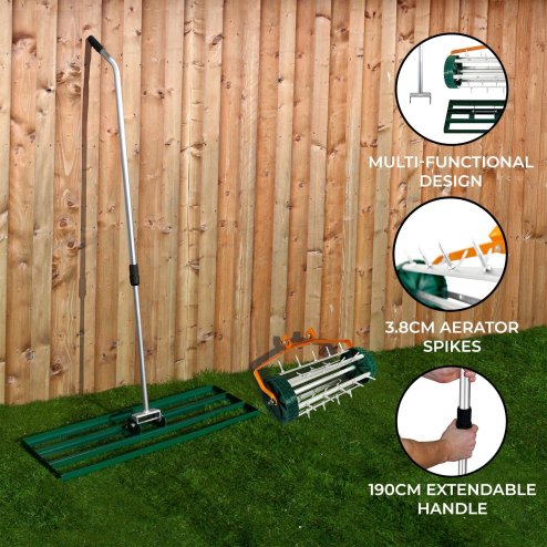 Lawn Leveller & Aerator Manual Grass Roller 3.8cm Spikes 100cm x 32cm Green Levelling Rake Lute Removable Dual Purpose Extendable Handle 1.15 - 1.9m Easy Grip Heavy Duty Steel Aluminium Garden Tool