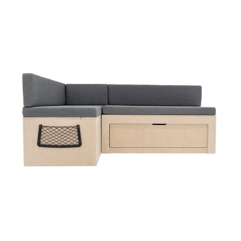 L-Shape Camper Van Sofa Bed & Cushions 1800 x 1200mm Sliding Pull Out Design Under Bench Storage & 2 x Nets Versatile Vehicle Compatibility Birch Wood 8cm Thick Mattress Washable Covers Fixing Kit