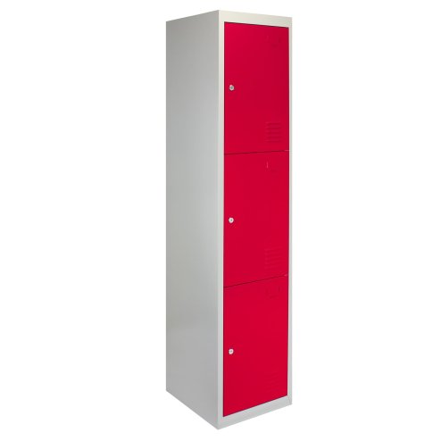 MonsterShop 3 x Red 3 Door Metal Storage Lockers, Blue & Grey Steel Lockable Unit, Gym Changing Room School Staff Locker