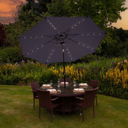 Grey 2.4m LED Tilt Parasol Umbrella Garden Sun Shade Canopy Patio Outdoor 360 Rotation UV Protection Winding Crank Adjustable 32 Solar Power Lights Cool White 8 Ribs 5.5kg FREE Waterproof Rain Cover