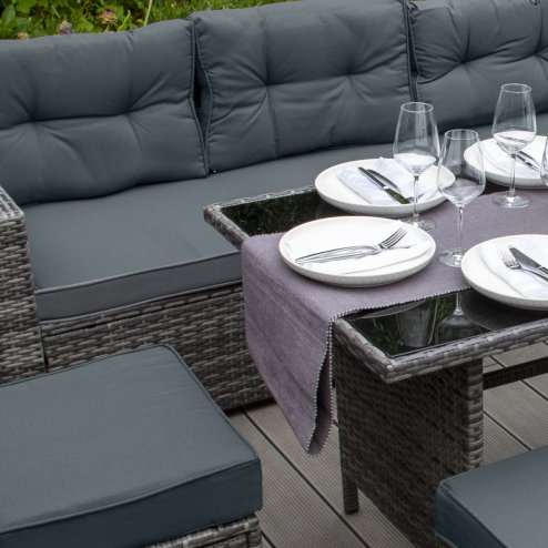 Rattan Corner Dining Set Outdoor Garden Furniture Grey 9-Seater L Shape Sofa Stools Tempered Glass Table UV Protected Waterproof Grey Seat Back Cushions Patio Conservatory Lounge FREE Rain Cover