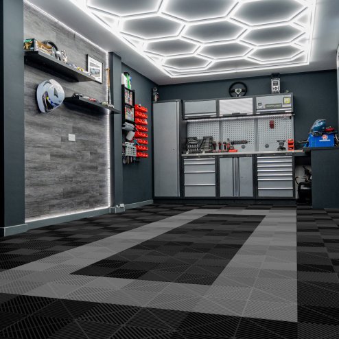 Vented Modular Interlocking Flooring Tiles & Edges 90 Black & 30 Grey Single Garage Heavy Duty Floor Mat Showroom Workshop Outdoor Polypropylene Anti Slip Weather Resistant Drainage 3.2m x 6m 19.2m2