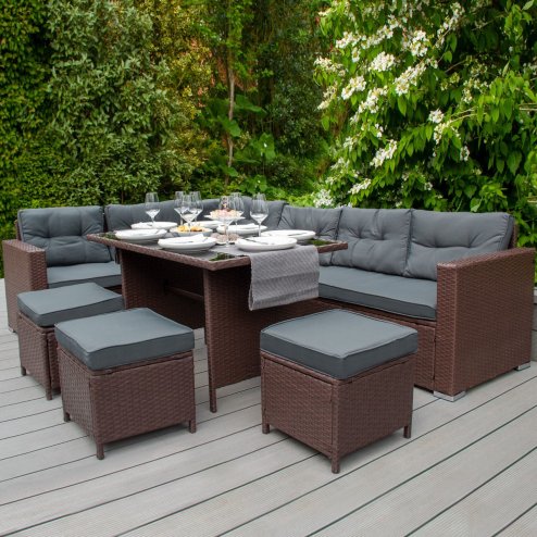 Rattan Corner Dining Set Outdoor Garden Furniture Brown 9-Seater L Shape Sofa Stools Tempered Glass Table UV Protected Waterproof Grey Seat Back Cushions Patio Conservatory Lounge FREE Rain Cover