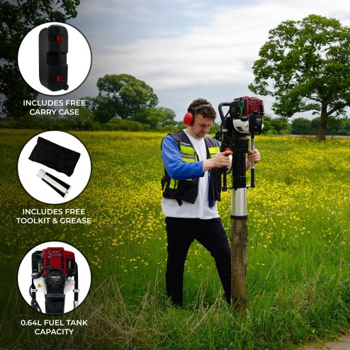 Petrol Post Driver 4 Stroke Fence Knocker Pile Jack Hammer Ramming Construction Farm Picket Fencing Garden Heavy Duty Thumping Thumper Gasoline Ram 4 Attachments Free Portable Carry Case & Tool Kit