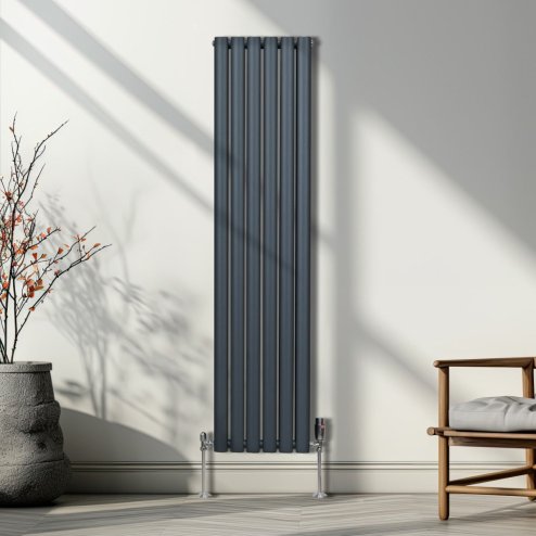 Oval Column Radiator 1600mm x 360mm Modern Designer Double Panel Central Heating Heater Matt Anthracite Grey Carbon Steel Vertical Kitchen Living Room FREE Cleaning Brush Fixing Kit & Brackets